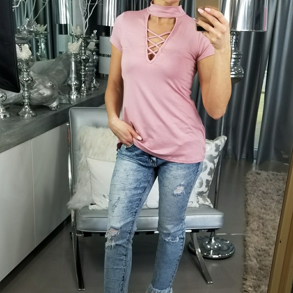 PINK CHOKER TOP WITH LACE UP NECKLINE - Picture 2 of 4